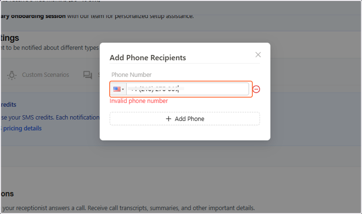 Call Notifications | Add a phone number