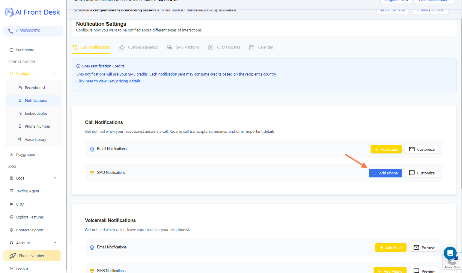 Call Notifications | Add a Phone number