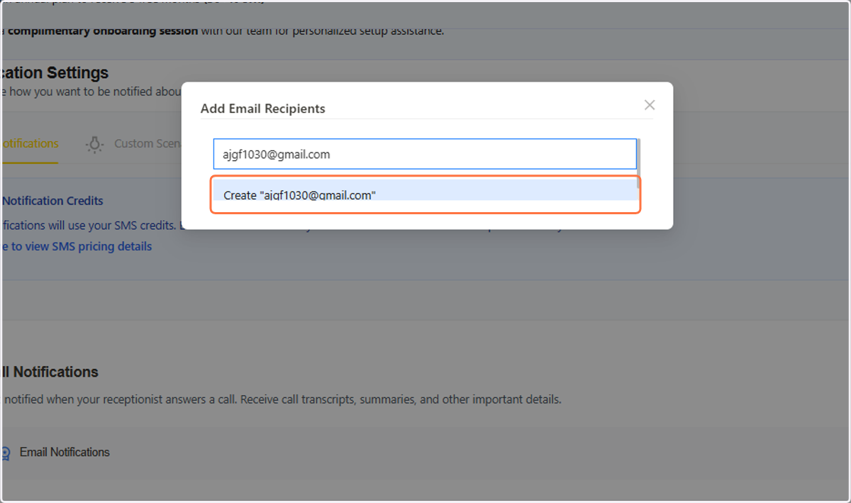 Call Notifications | Add the email.