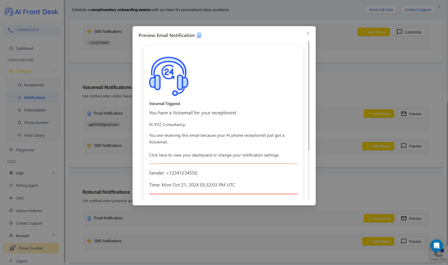 Voicemail Notifications | Click on Preview Email Notification to check the Email Notification