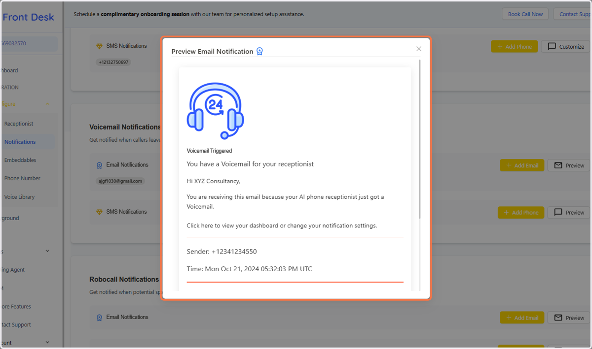 Voicemail Notifications | Click on Preview Email Notification to check the Email Notification