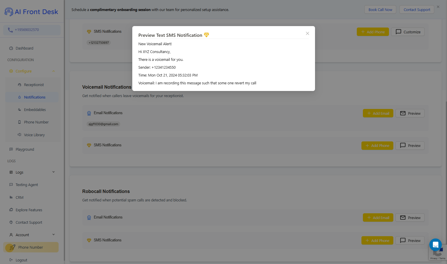Voicemail Notifications | Click on Preview Text SMS Notification to check the SMS notification