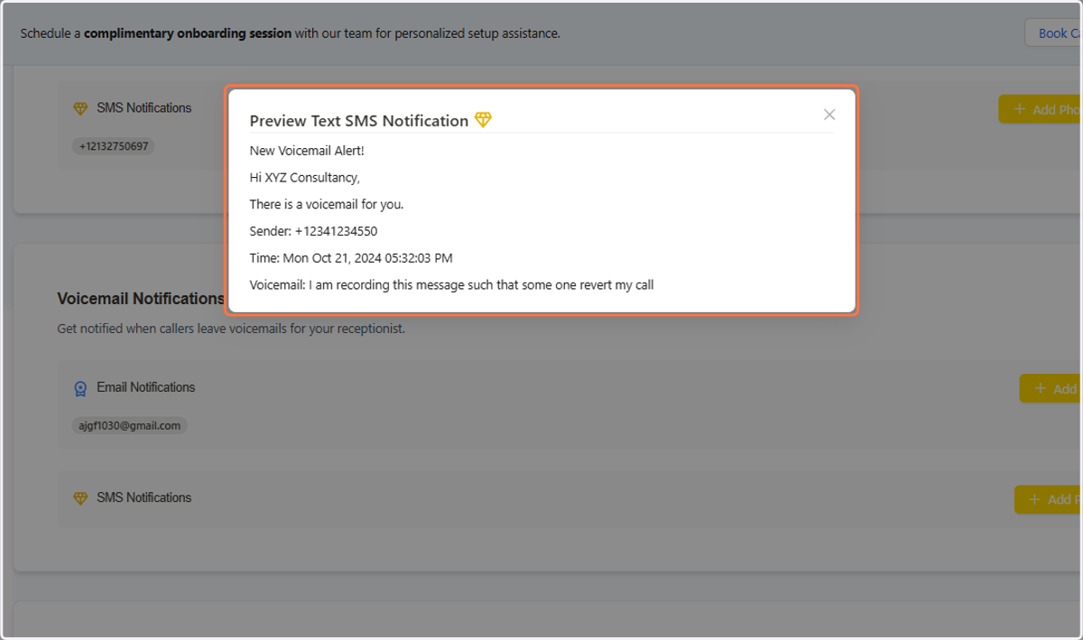 Voicemail Notifications | Click on Preview Text SMS Notification to check the SMS notification
