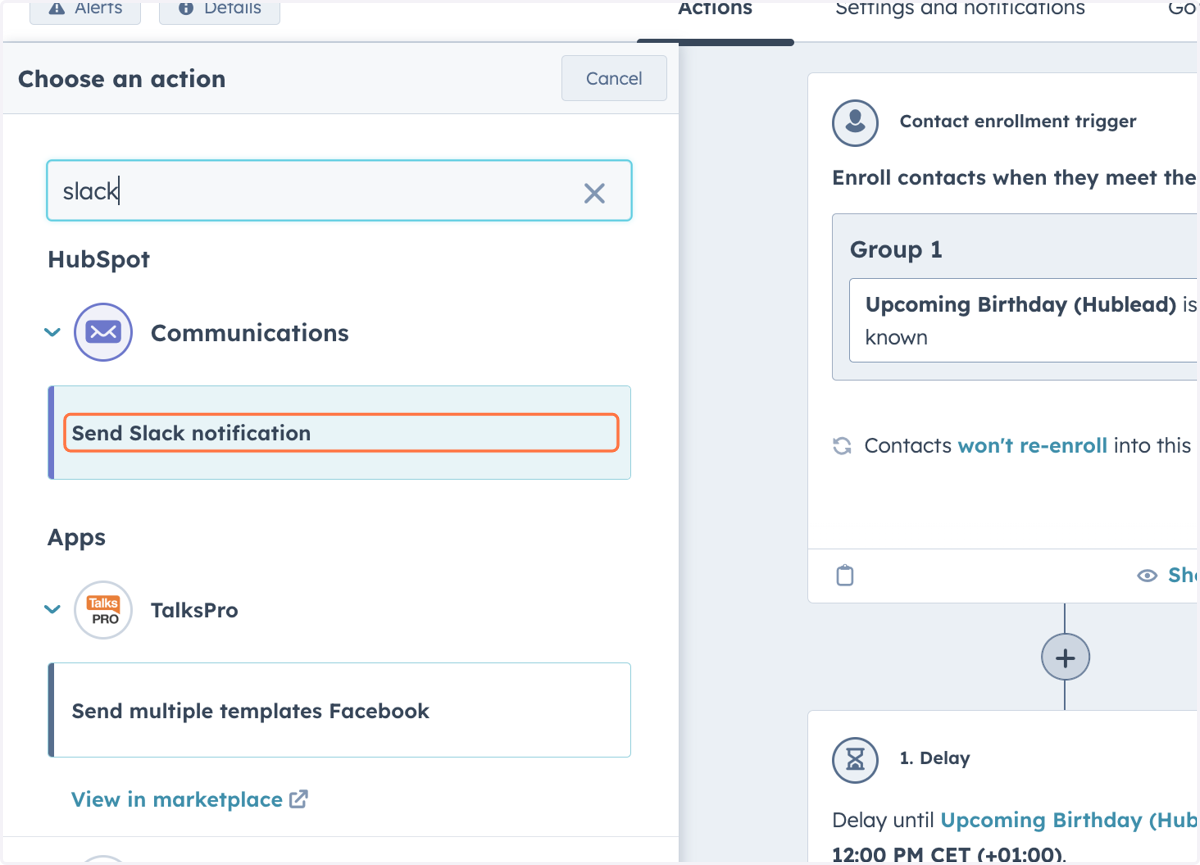 Click on Send Slack notification