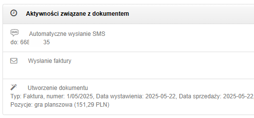 Po kliknięciu w podgląd dokumentu, w rubryce Aktywności związane z dokumentem, zobaczysz wszystkie szczegóły związane z wysyłką danego powiadomienia SMS takie jak: numer, na który została wysłana wiadomość; rodzaj powiadomienia datę i godzinę wysyłki