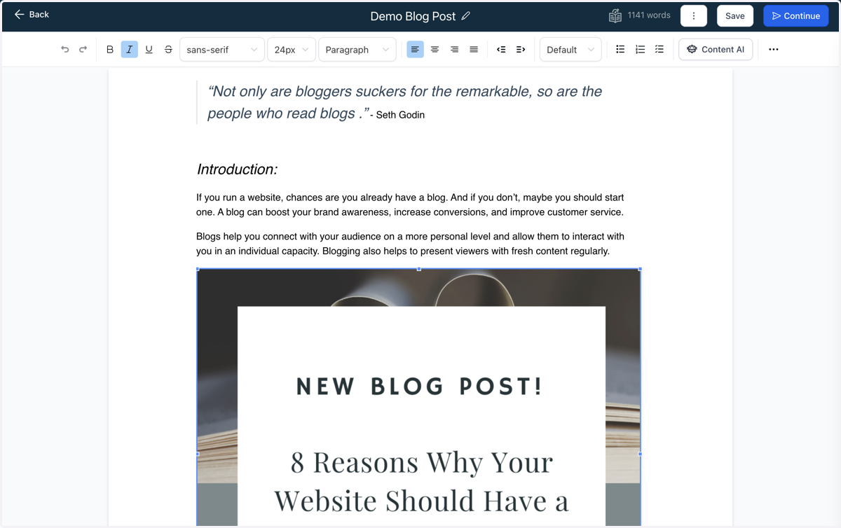 Your new blog post will auto-populate with sample text