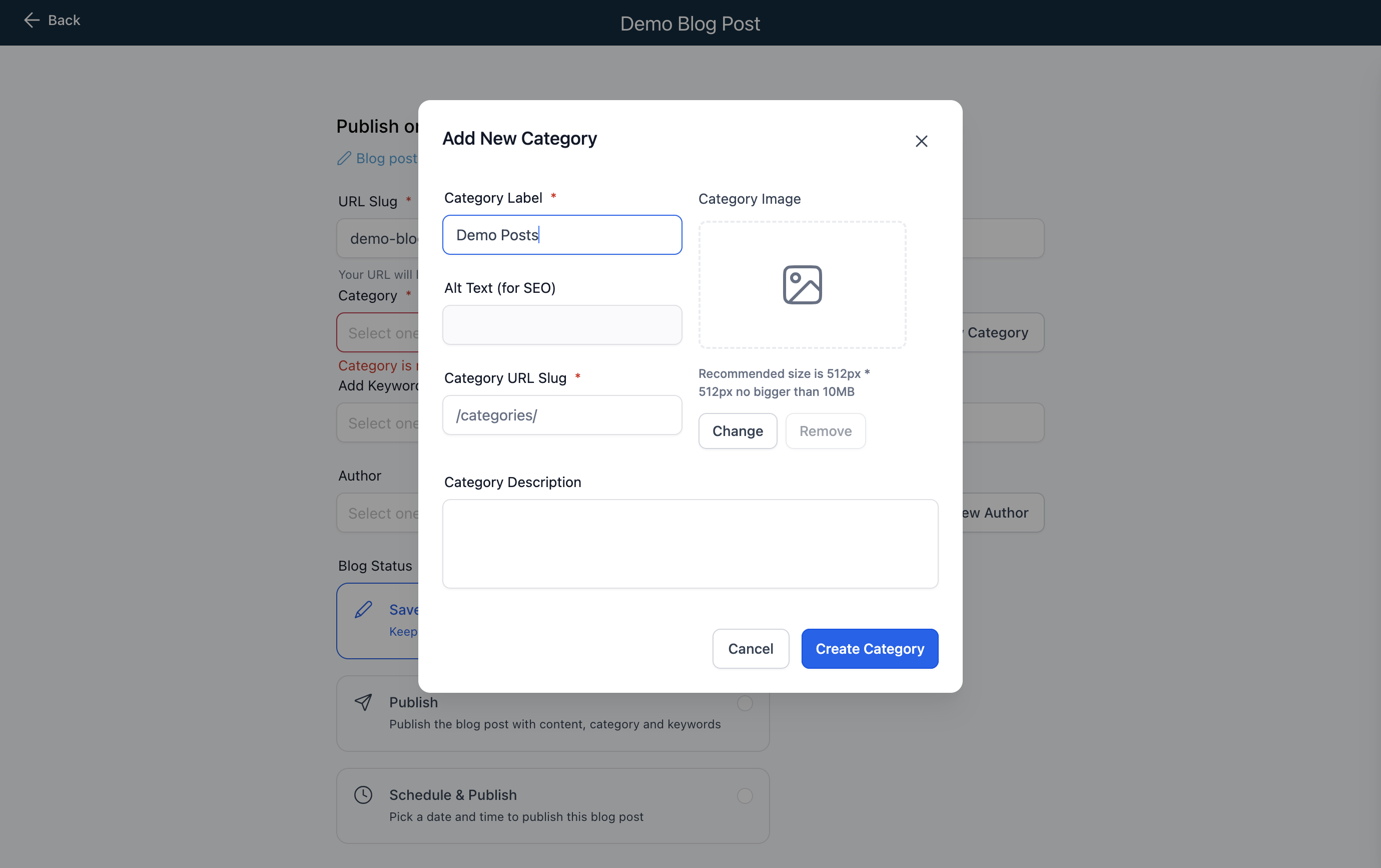 Name your category and fill out all of the required fields