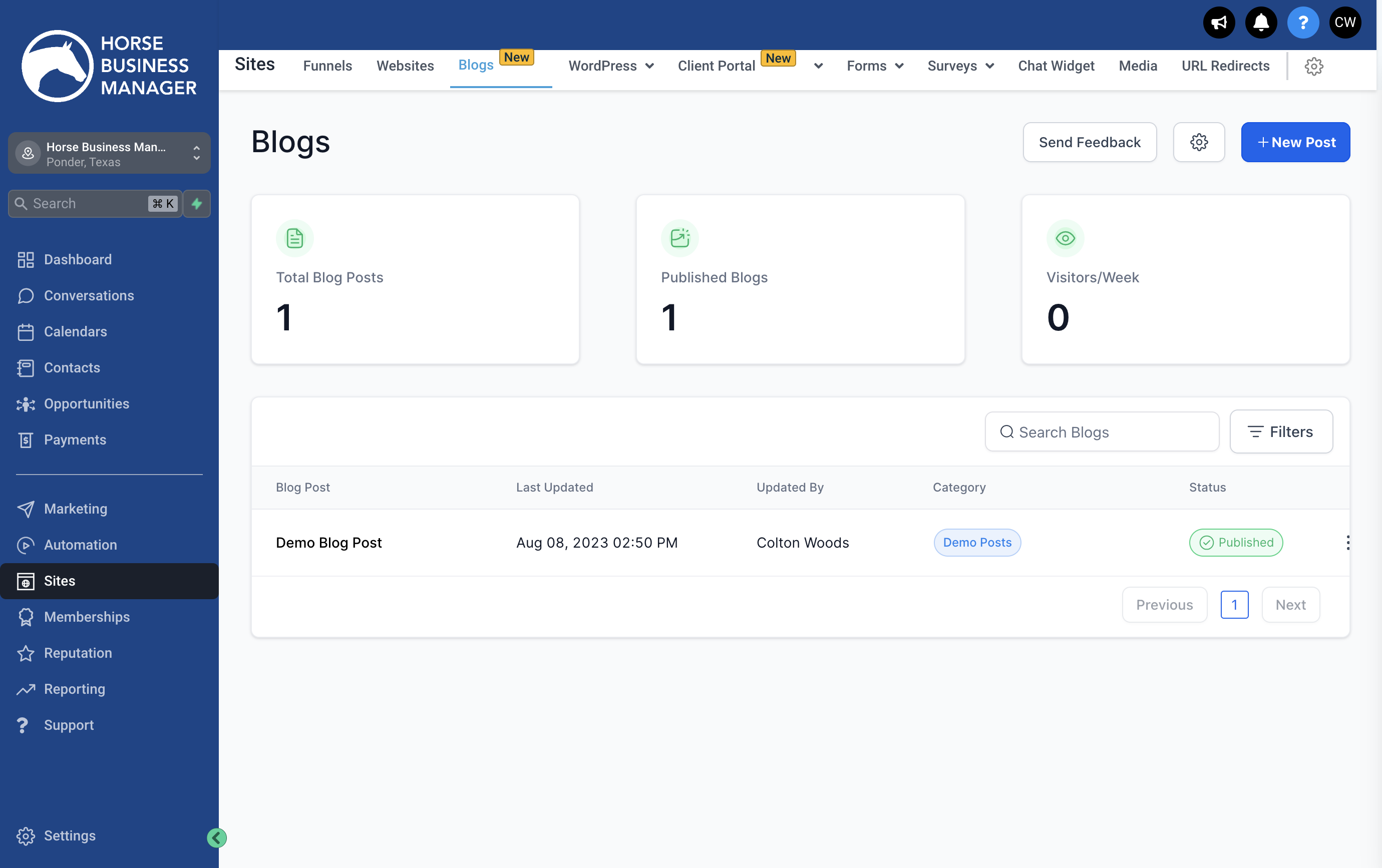 Once your post is saved, it will show up on a list under the Blogs tab