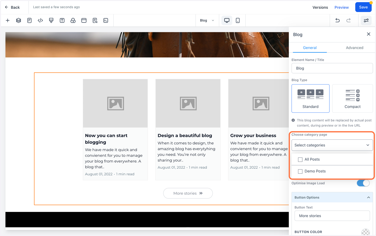 Click on the element to view the additional settings. If you only want to share certain types of posts, you can filter them by selecting the Categories here. Otherwise select All Posts.