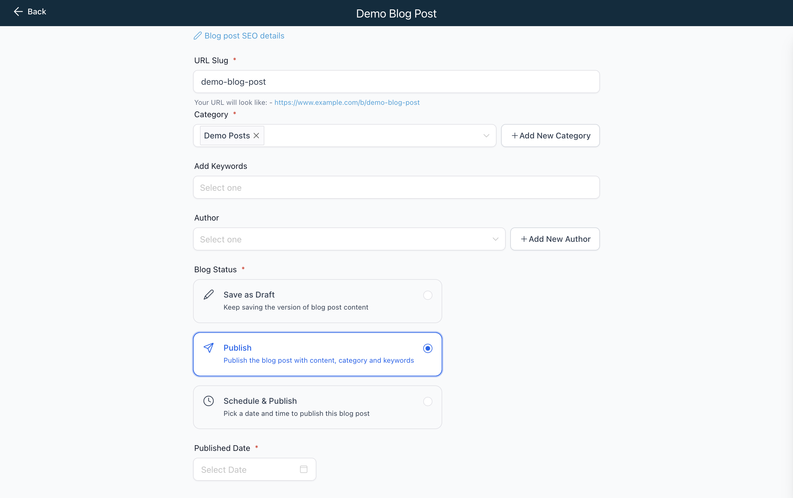 Choose the blog post status - for this example we are going to Publish the post