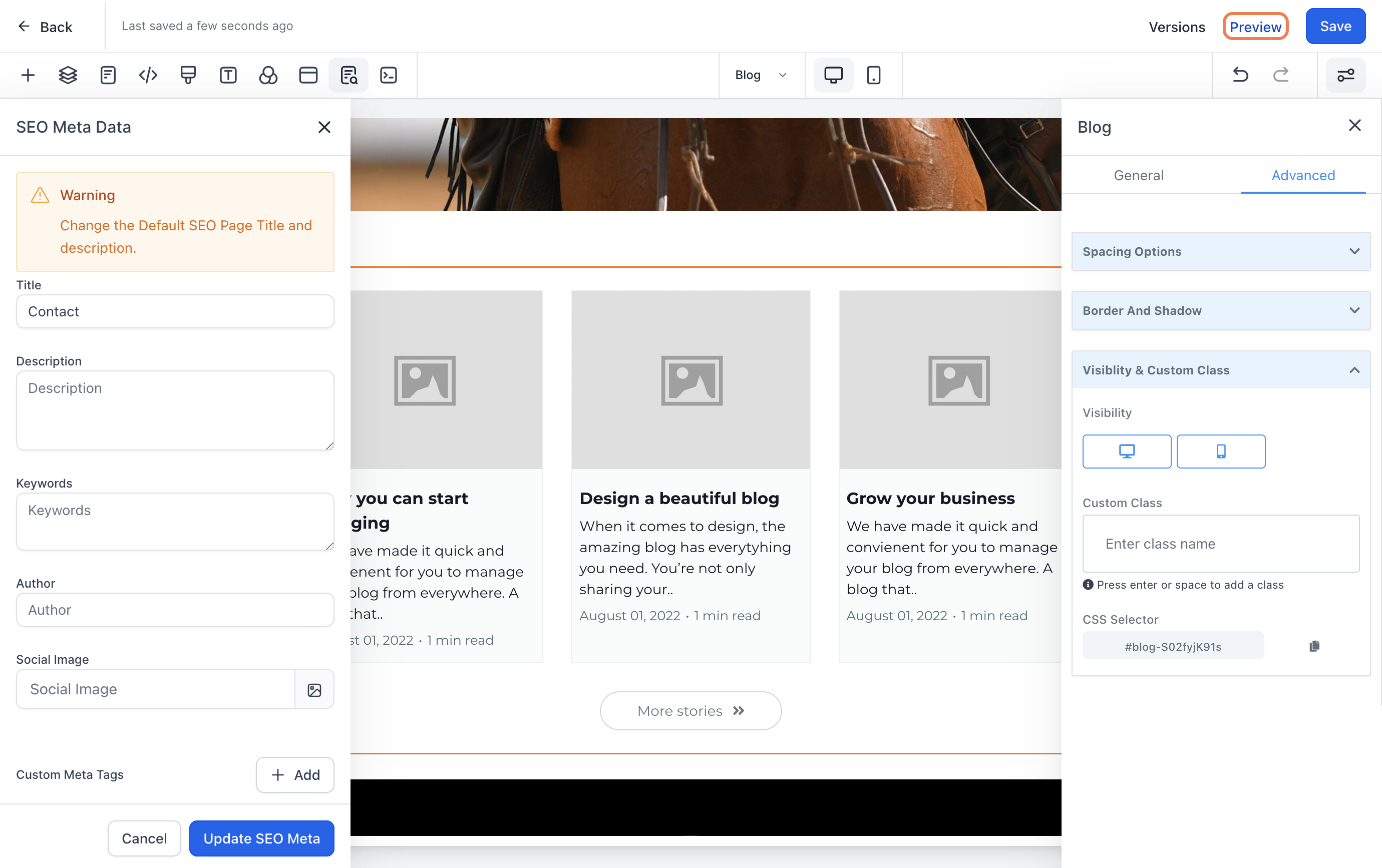 *Note: Your unique posts will NOT show up on the website editor. They will be populated once the page has been saved and you view the page from the frontend. To view the site with the posts, click Preview.