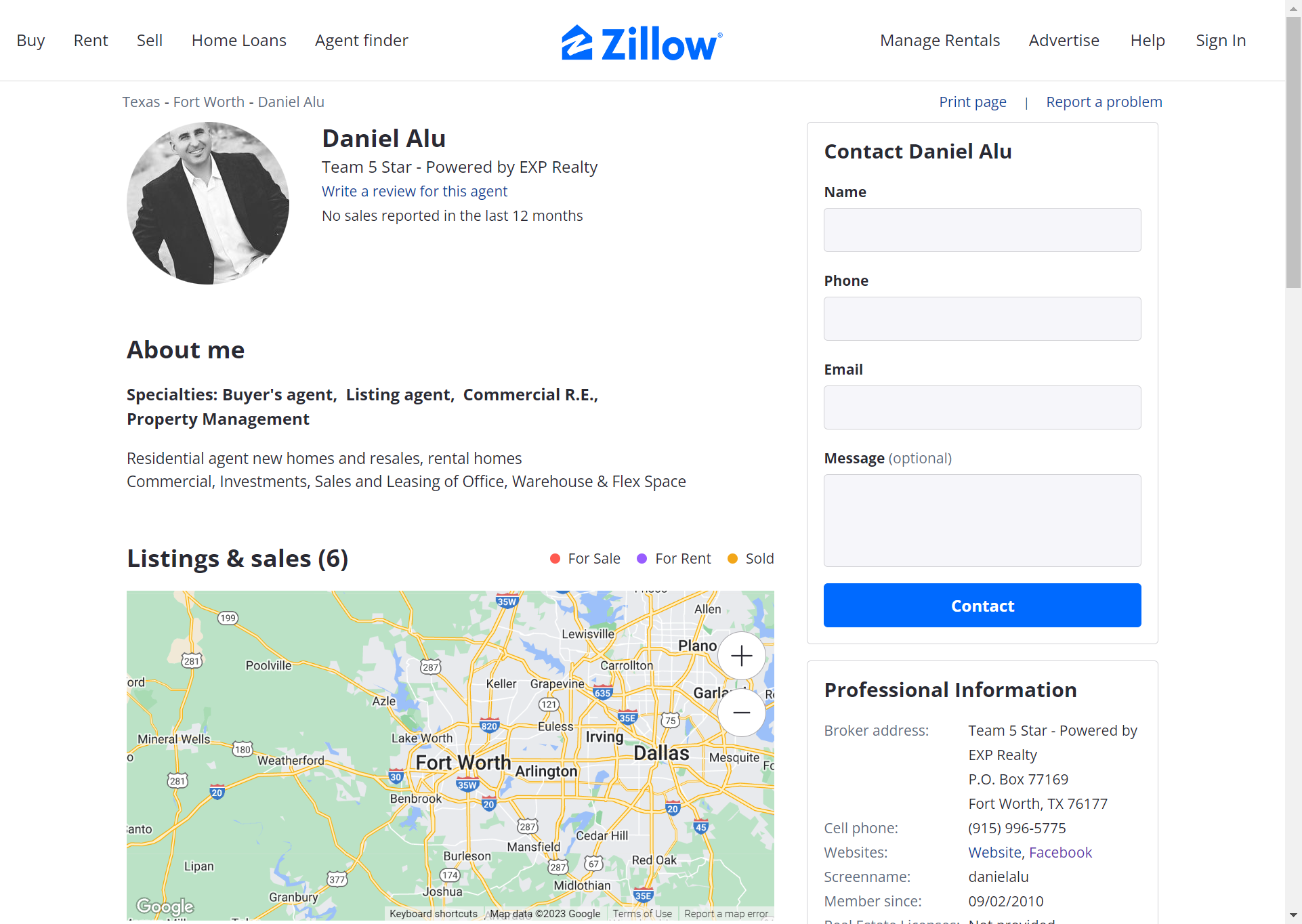 Click on the Contact Section to reach out via Zillow