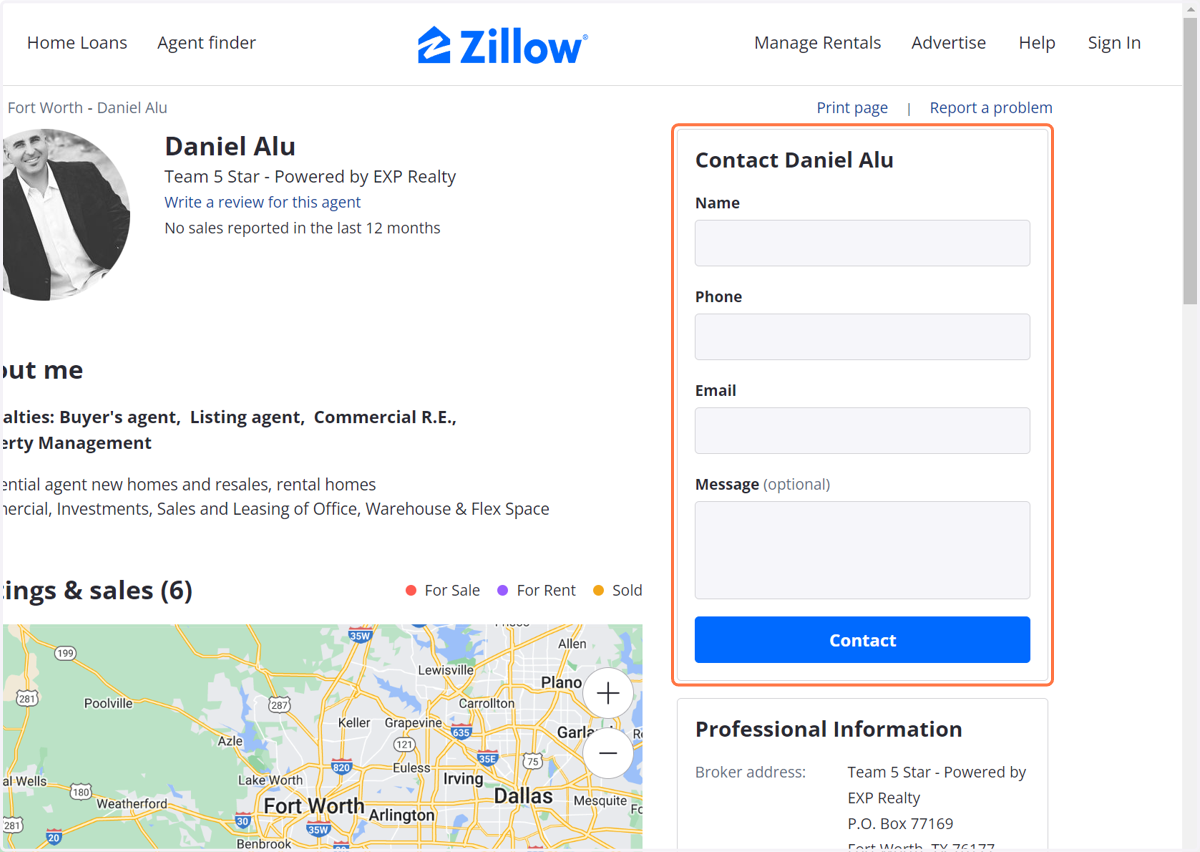 Click on the Contact Section to reach out via Zillow
