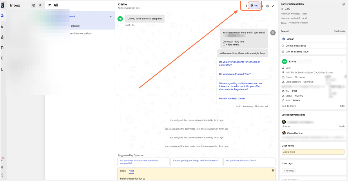 Click on You, at the top right of the conversation window.