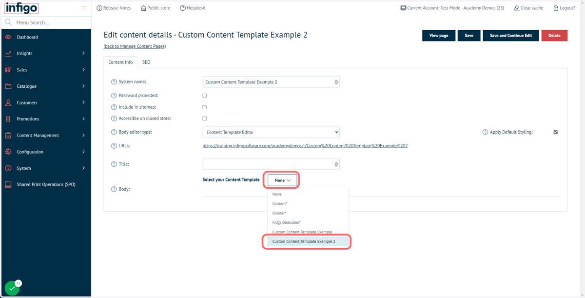 Select your new Content Template design from the dropdown list