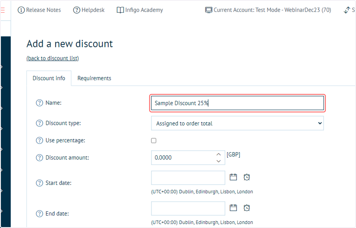 Type a name for your discount. This is used for reference purposes and will not be seen by the customer