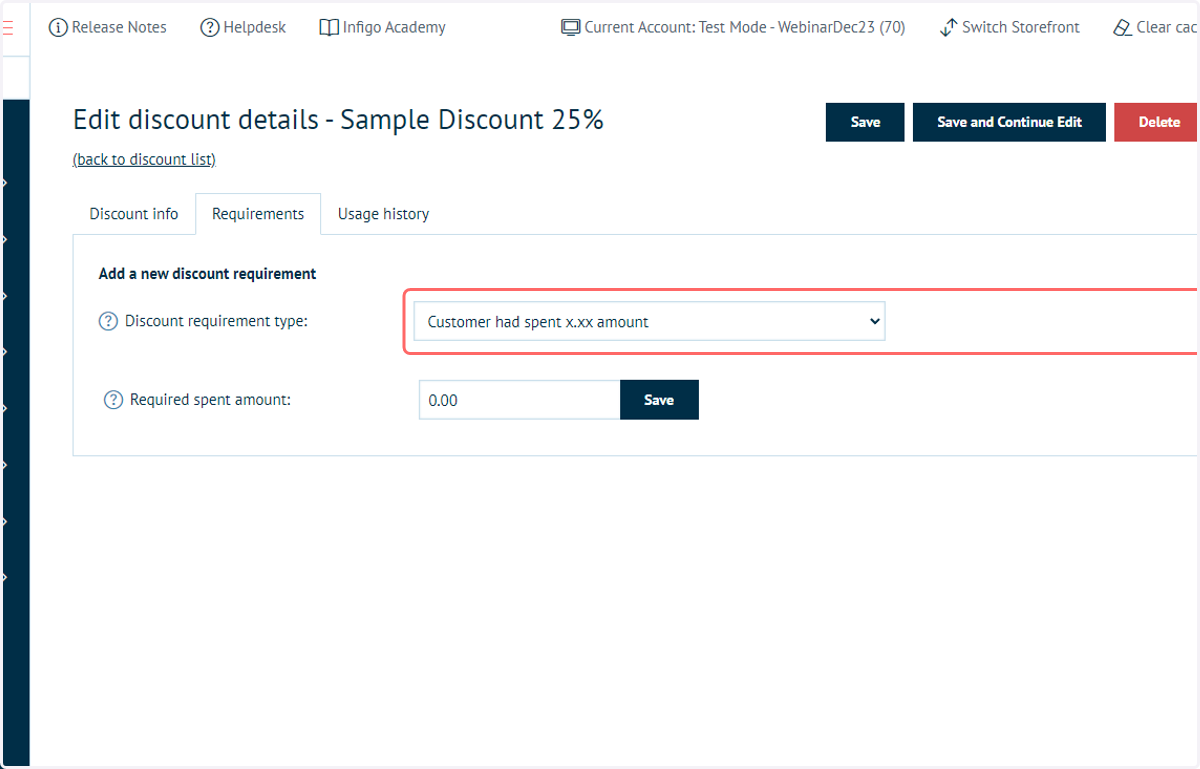 Select an option from the Discount requirement type