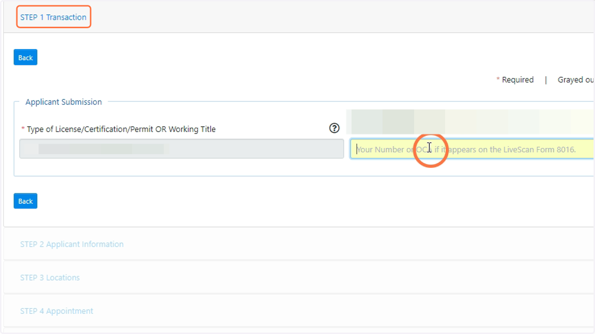 After logging in, you will then see a series of steps that will ask for your info for the live scan. You are now on the scheduling process, and to complete this we advise completing each step on this page using the next button to go through each