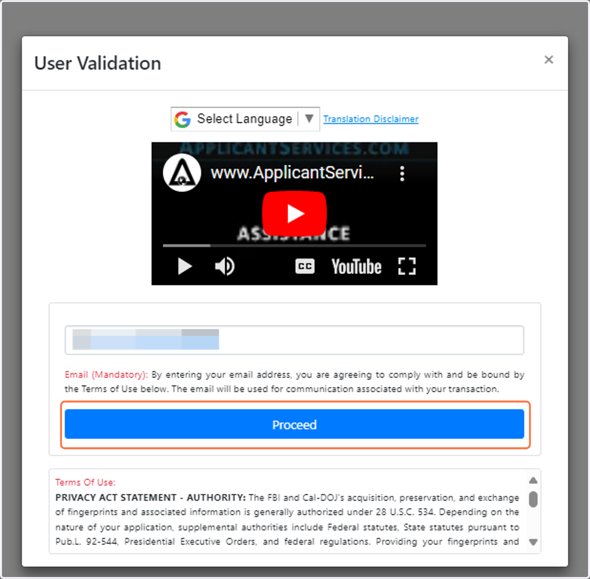 After reaching out site, you may then be asked to enter your email to register an account. This will be used for sending you future appointment notifications and to allow you to login for tracking the status and info after it is submitted
