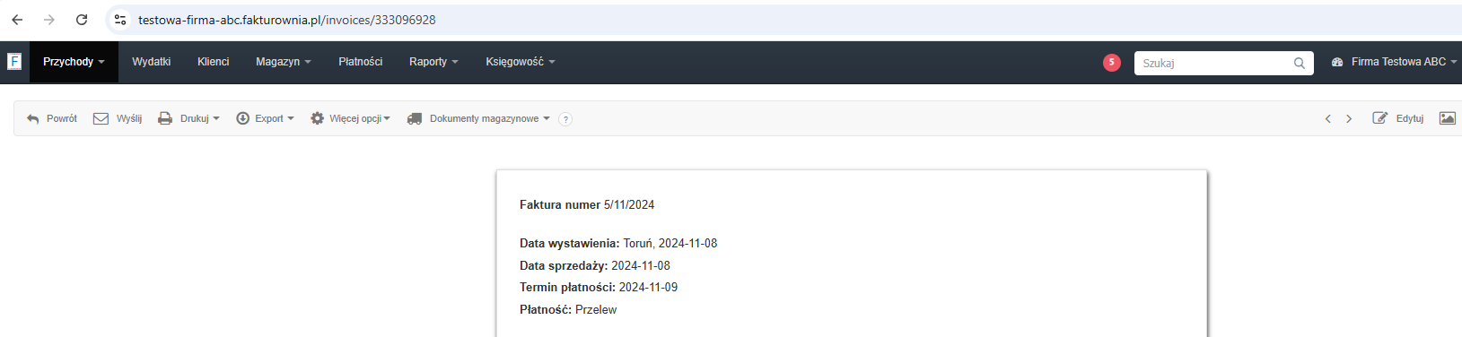 Aby sprawdzić ID konkretnej faktury, przejdź do jej podglądu, a następnie skopiuj numer widoczny w pasku URL przeglądarki. Numer widoczny po frazie invoices/333096928 jest numerem ID faktury, który należy podać w ustawieniach konta.