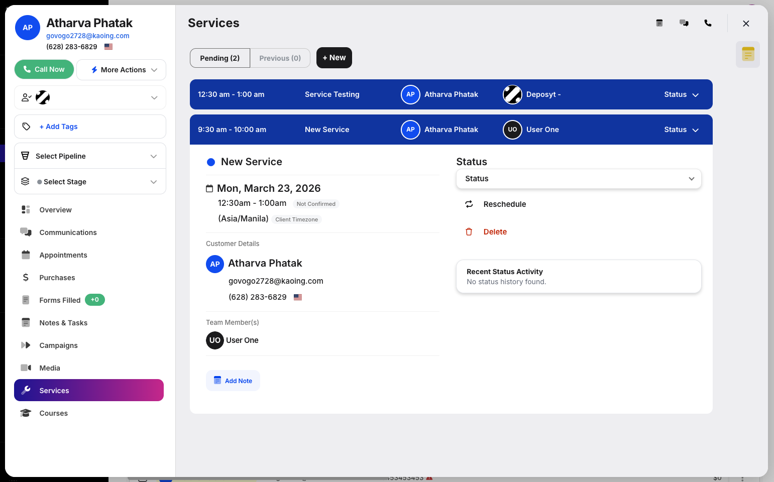 Step 4: From here, you can view and manage the customer’s booked services. You can also book a service in this tab.