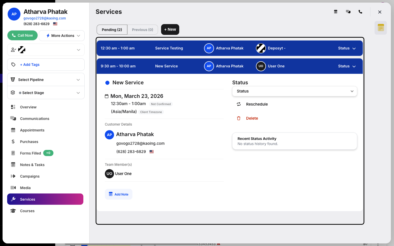 Step 4: From here, you can view and manage the customer’s booked services. You can also book a service in this tab.