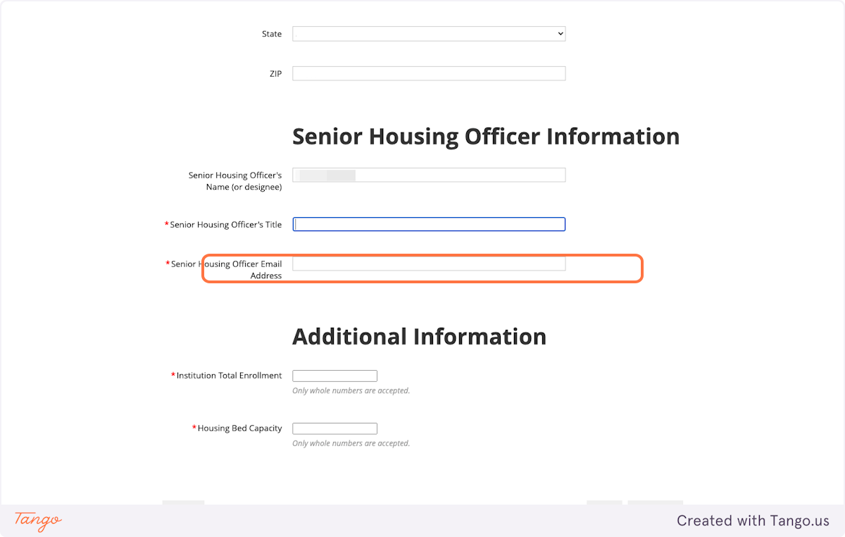 Complete Senior Housing Officer Information section