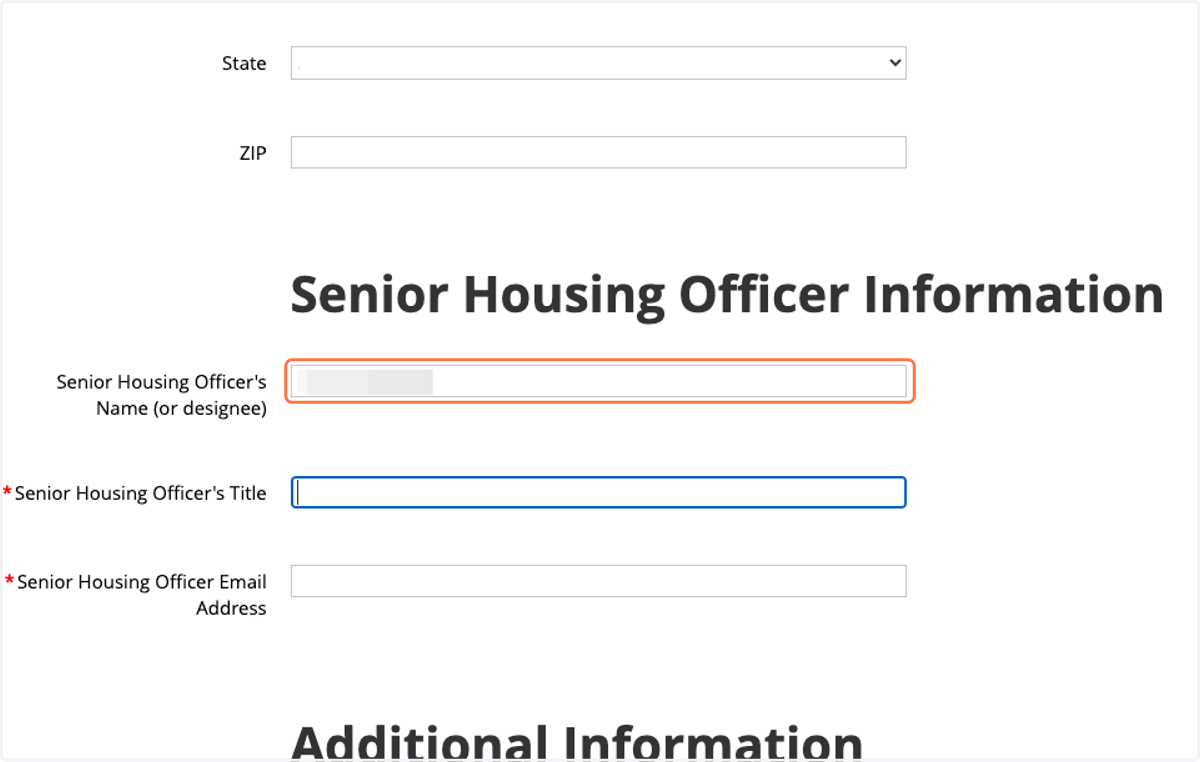 Complete Senior Housing Officer Information section