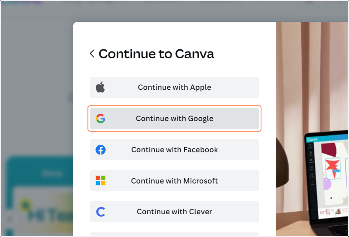 Click on Continue with Google and login in with your RCS Google Account