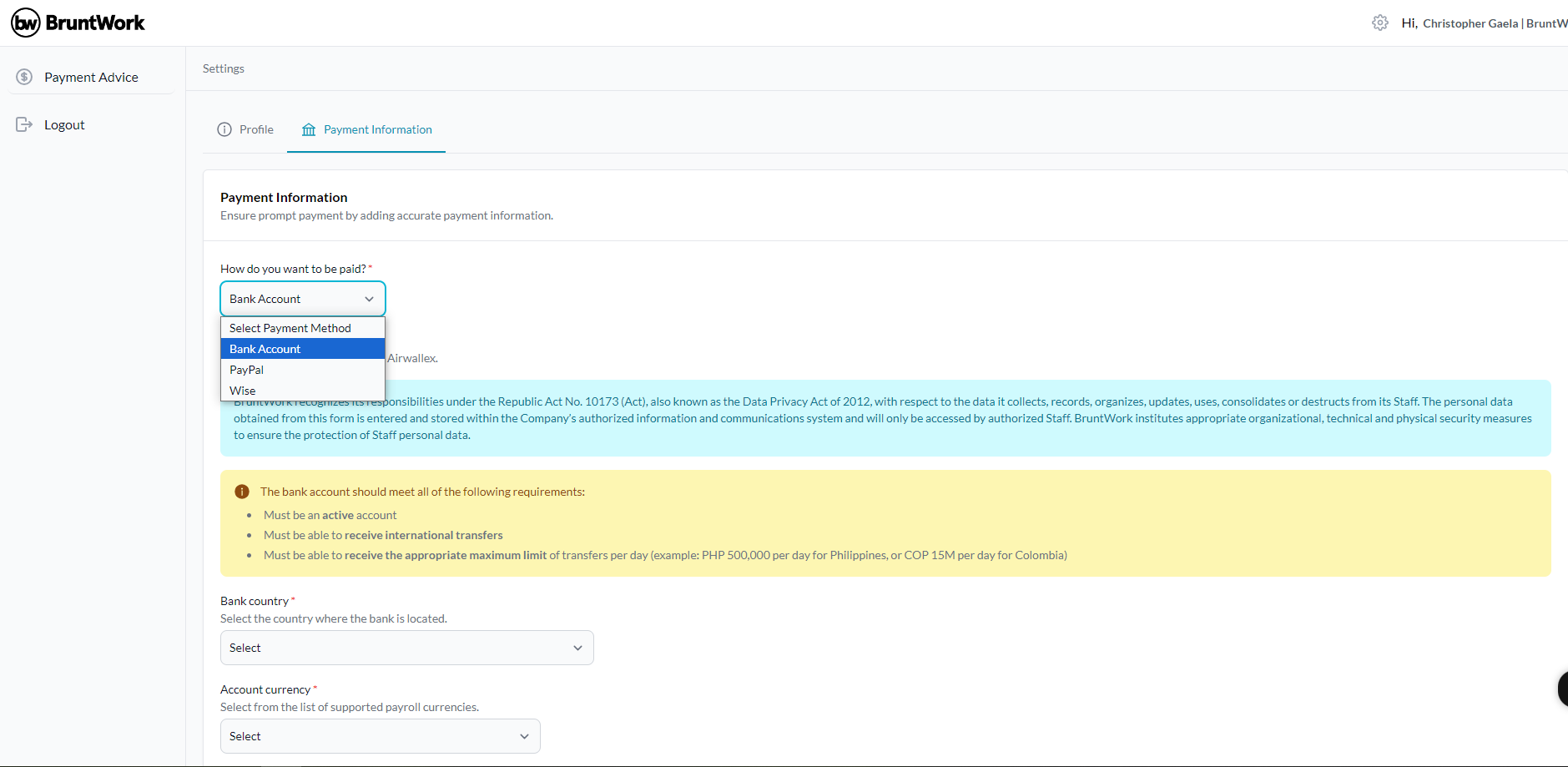 Choose Bank Account as your payment method from the dropdown list