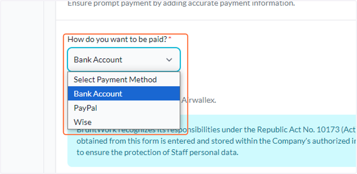 Choose Bank Account as your payment method from the dropdown list
