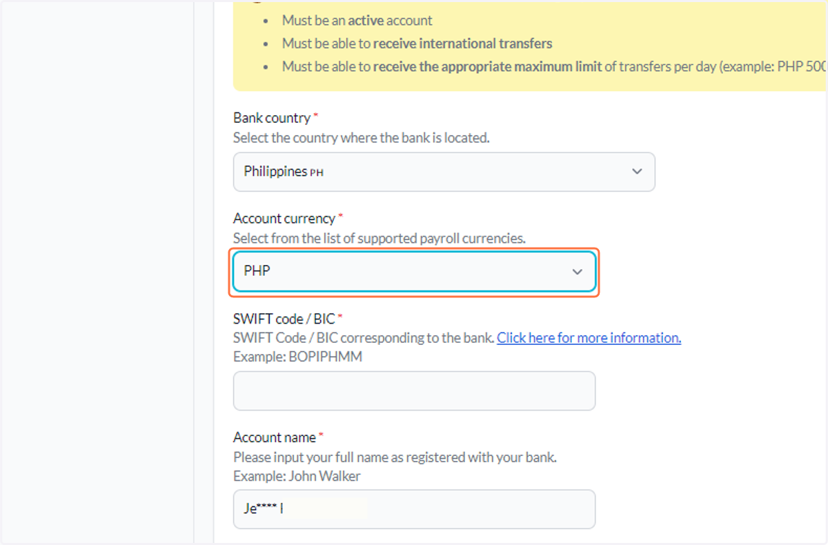 Select your account's currency