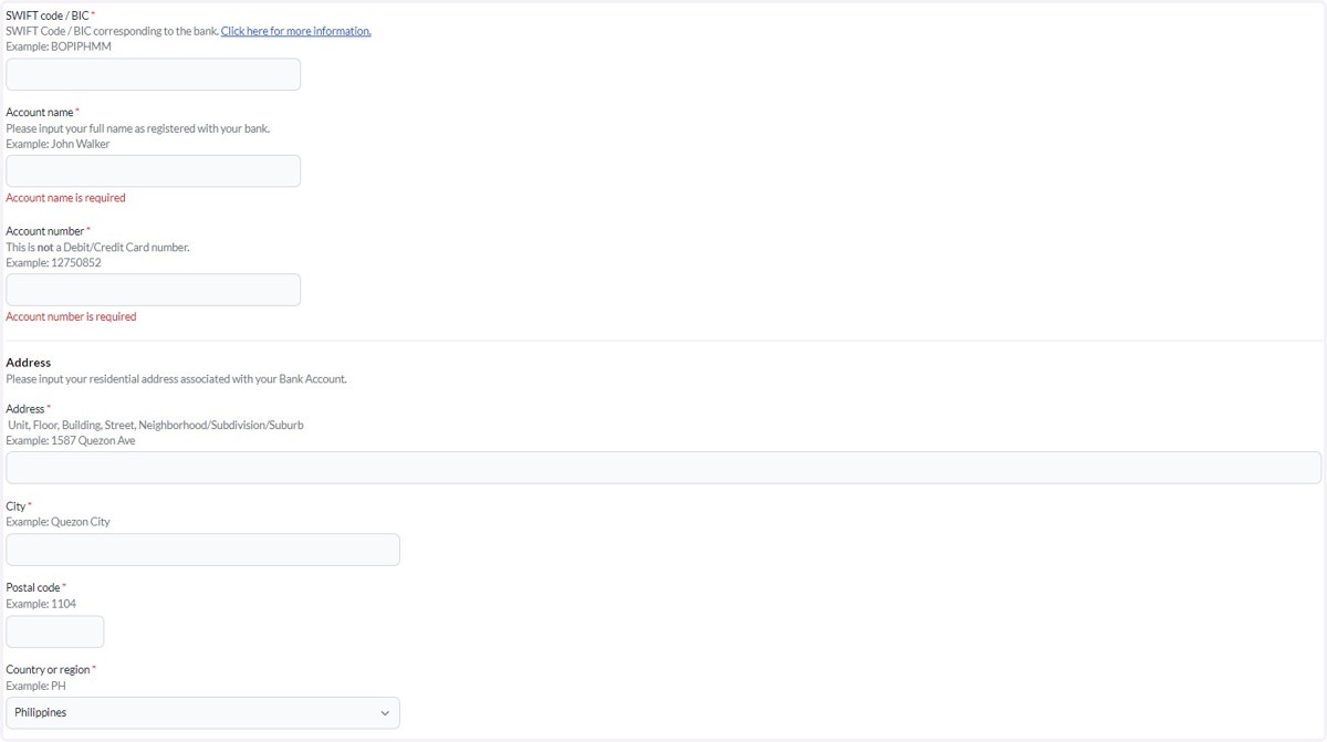 Fill-up all the necessary details (details on the screenshot may differ depending your bank's country)