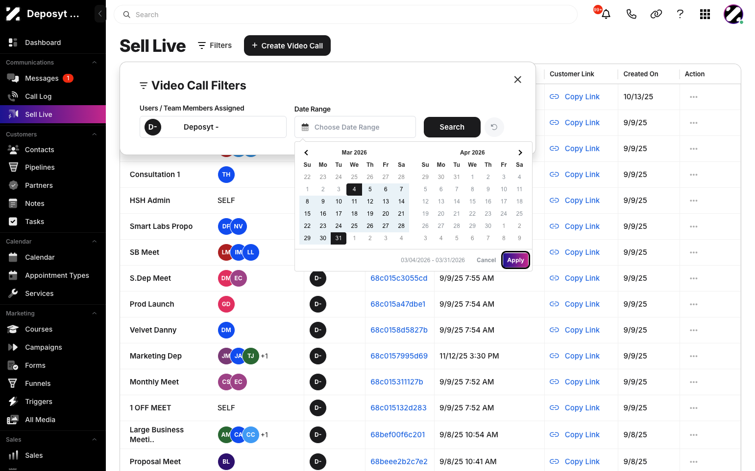 Step 4: You can also choose a date range to filter the video calls. Then, click Apply.