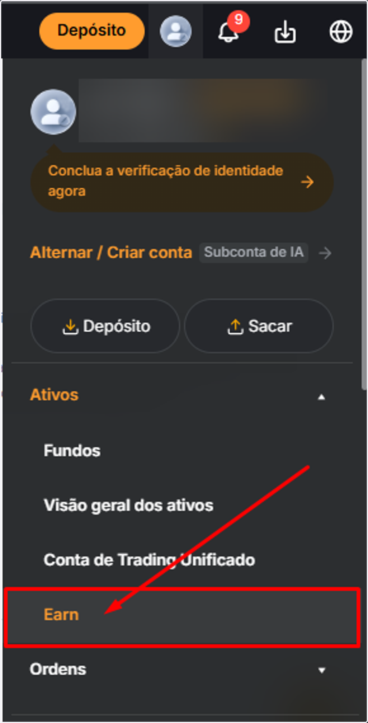 O extrato da Bybit não inclui o Earn. Para o saldo do Earn: passe o mouse no ícone de perfil, clique em Ativos e depois em Earn