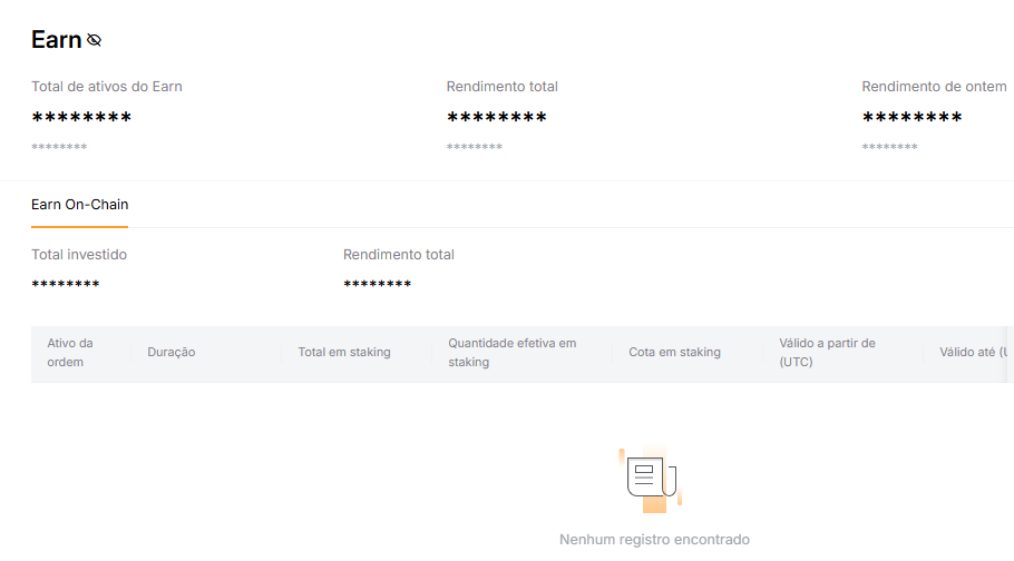 Clique no ícone do olho ao lado de "Earn" para mostrar os valores e tire um print desta página, mostrando o "Total de ativos do Earn" e a lista das suas aplicações