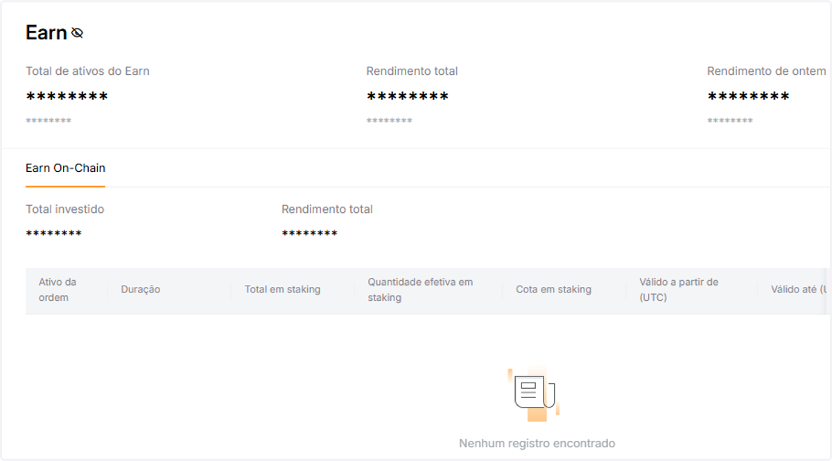 Clique no ícone do olho ao lado de "Earn" para mostrar os valores e tire um print desta página, mostrando o "Total de ativos do Earn" e a lista das suas aplicações