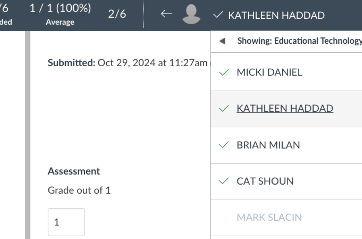 Access each person's assignment by clicking the names in the upper right of the screen.