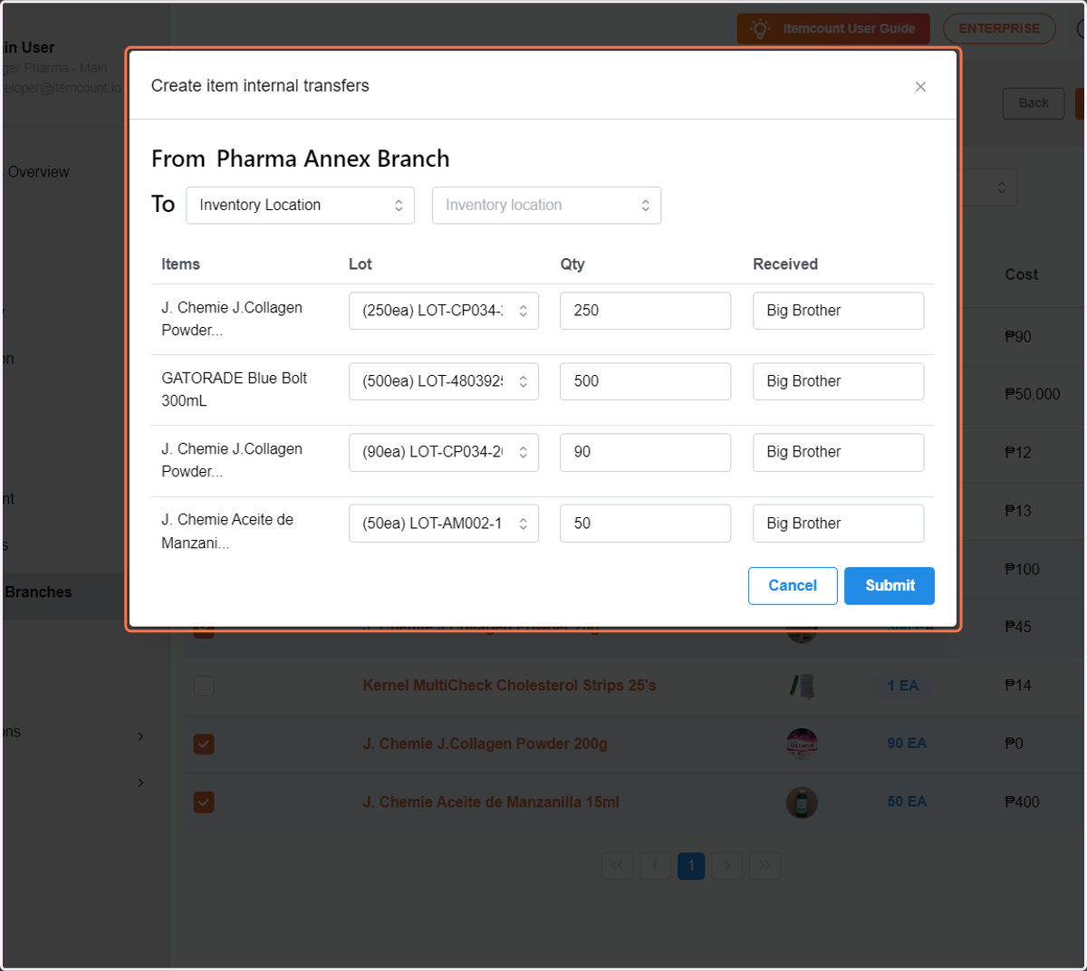 This is the table page for the Internal transfer. You only need to pick an inventory location or branch and the exact location of the inventory or branch to which you want to transfer it.