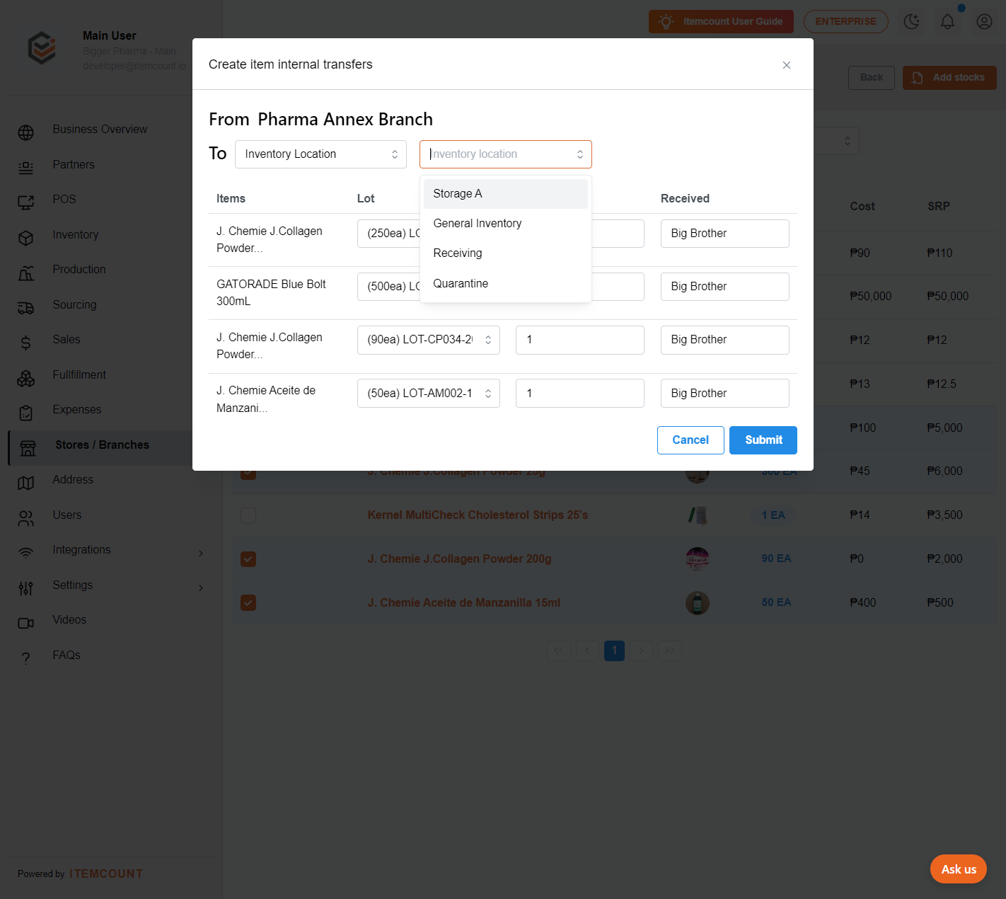 Choose the specific location to which you want to transfer your selected items.