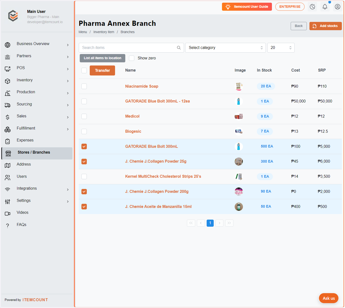 This is all that I have in the pharma annex branch. select the items you want to transfer.