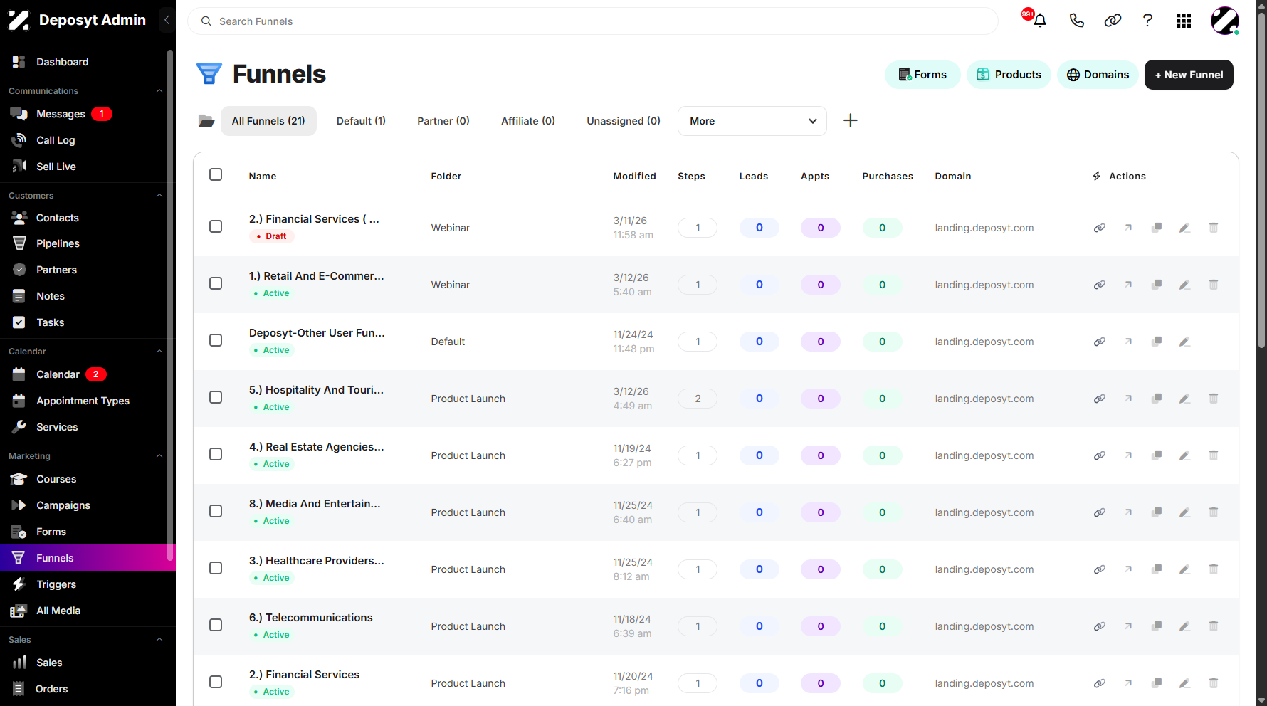 Step 1: On your Dashboard, navigate to the Funnels tab under the Marketing section.