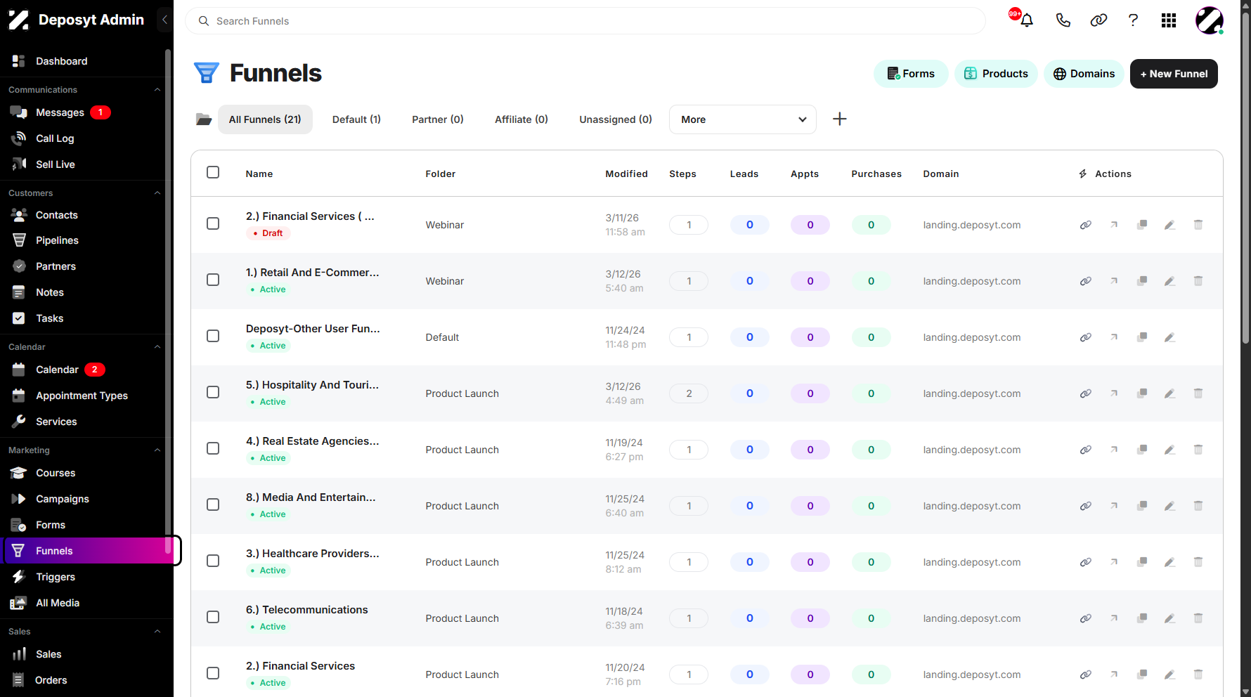 Step 1: On your Dashboard, navigate to the Funnels tab under the Marketing section.