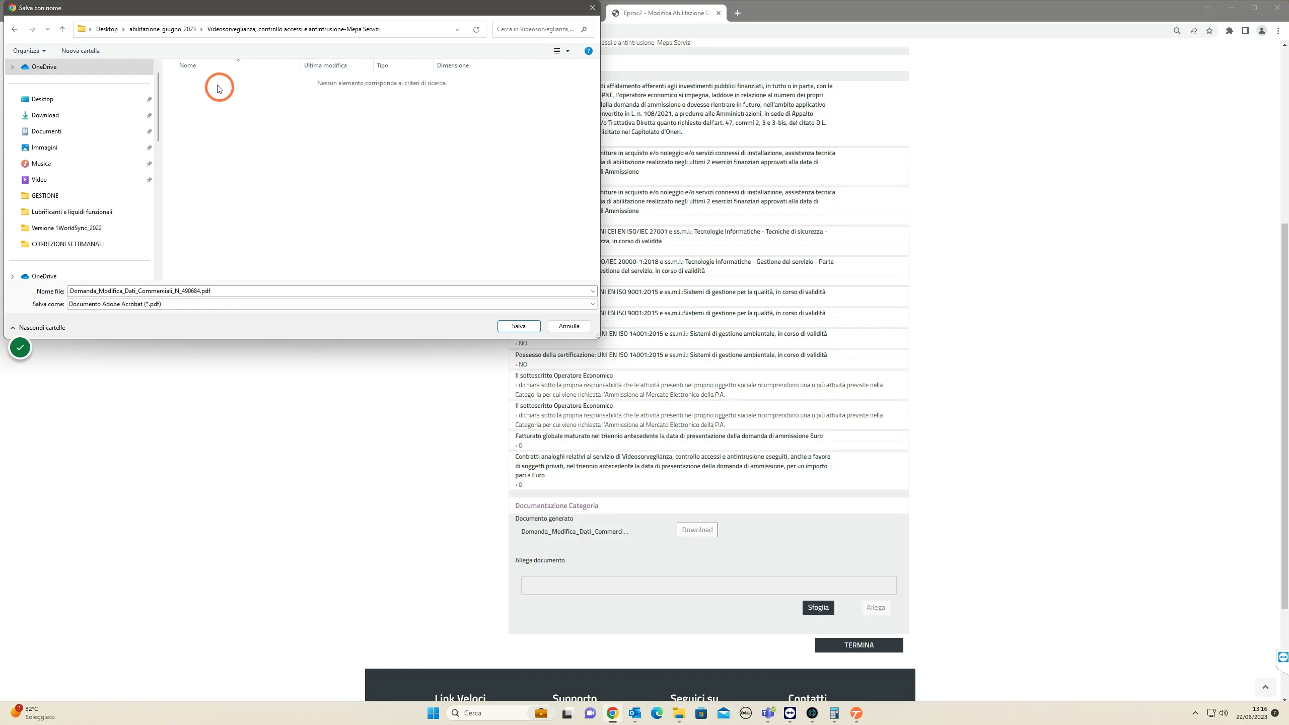 Entrare nella cartella appena creata e salvare il documento (SENZA MODIFICARE IL NOME PROPOSTO DEI FILE)