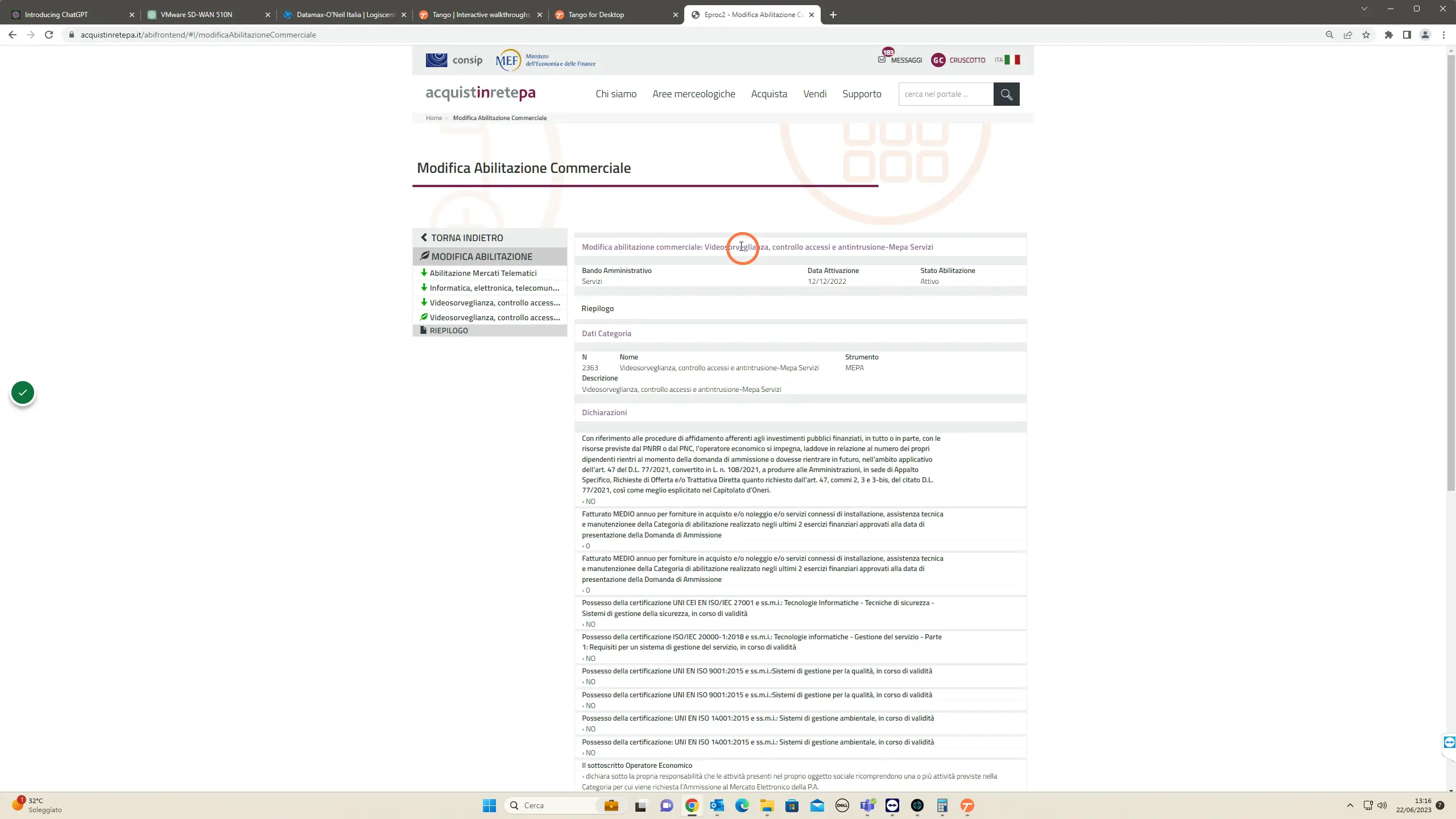 Al termine il sistema offre una pagina riassuntiva con tutti i dati inseriti nei vari step