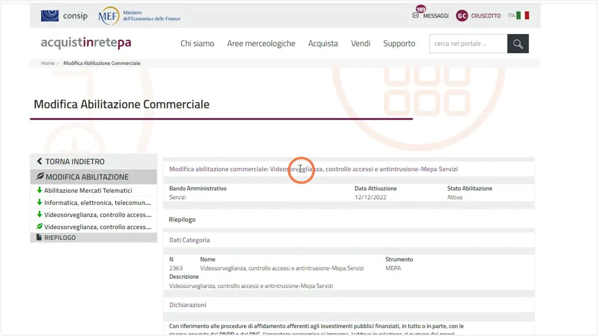 Al termine il sistema offre una pagina riassuntiva con tutti i dati inseriti nei vari step
