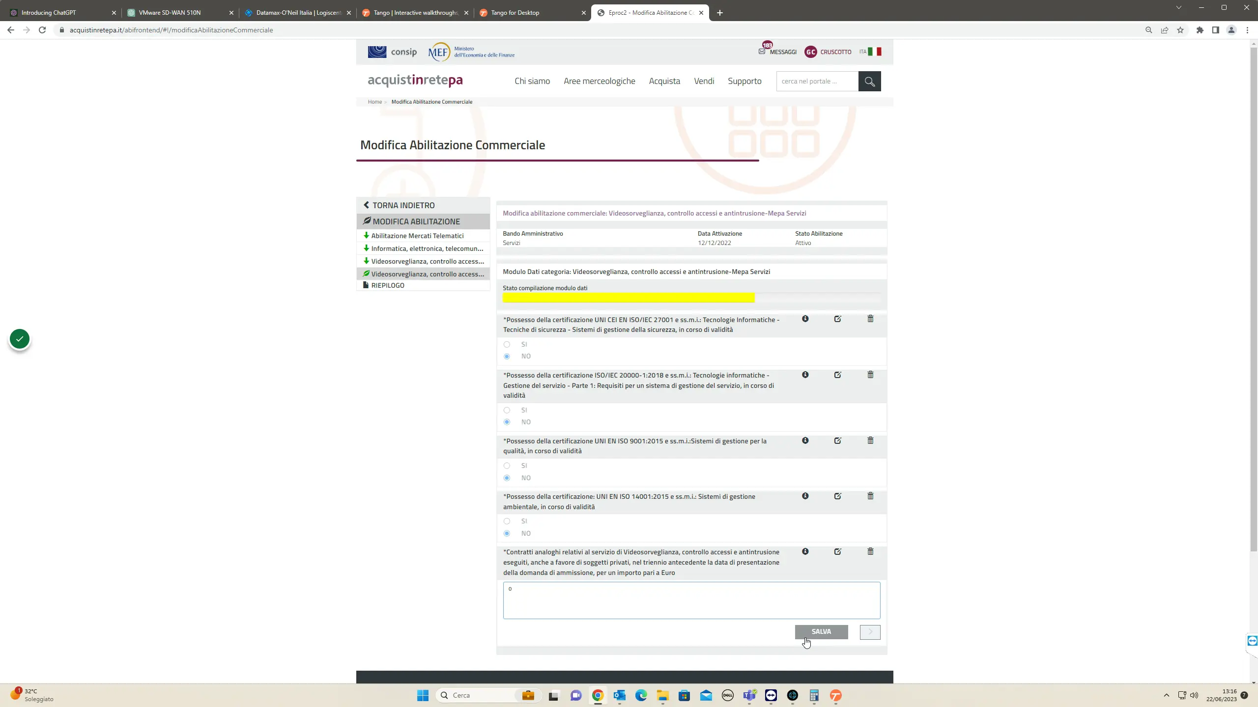 I valori inseriti nei form, richiedono click sul pulsante "SALVA" prima di poter passare allo step successivo con "AVANTI"