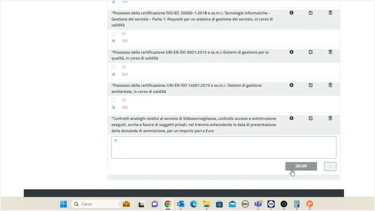 I valori inseriti nei form, richiedono click sul pulsante "SALVA" prima di poter passare allo step successivo con "AVANTI"