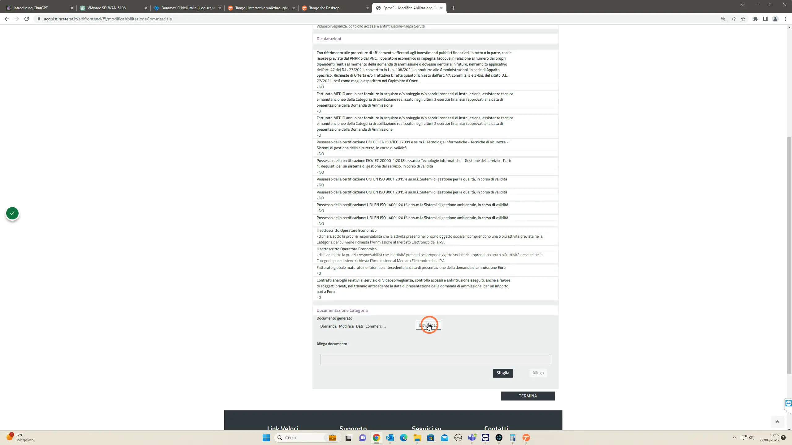 Scarica il documento creato dal sistema nella parte inferiore della pagina nella sezione "Documentazione categoria"