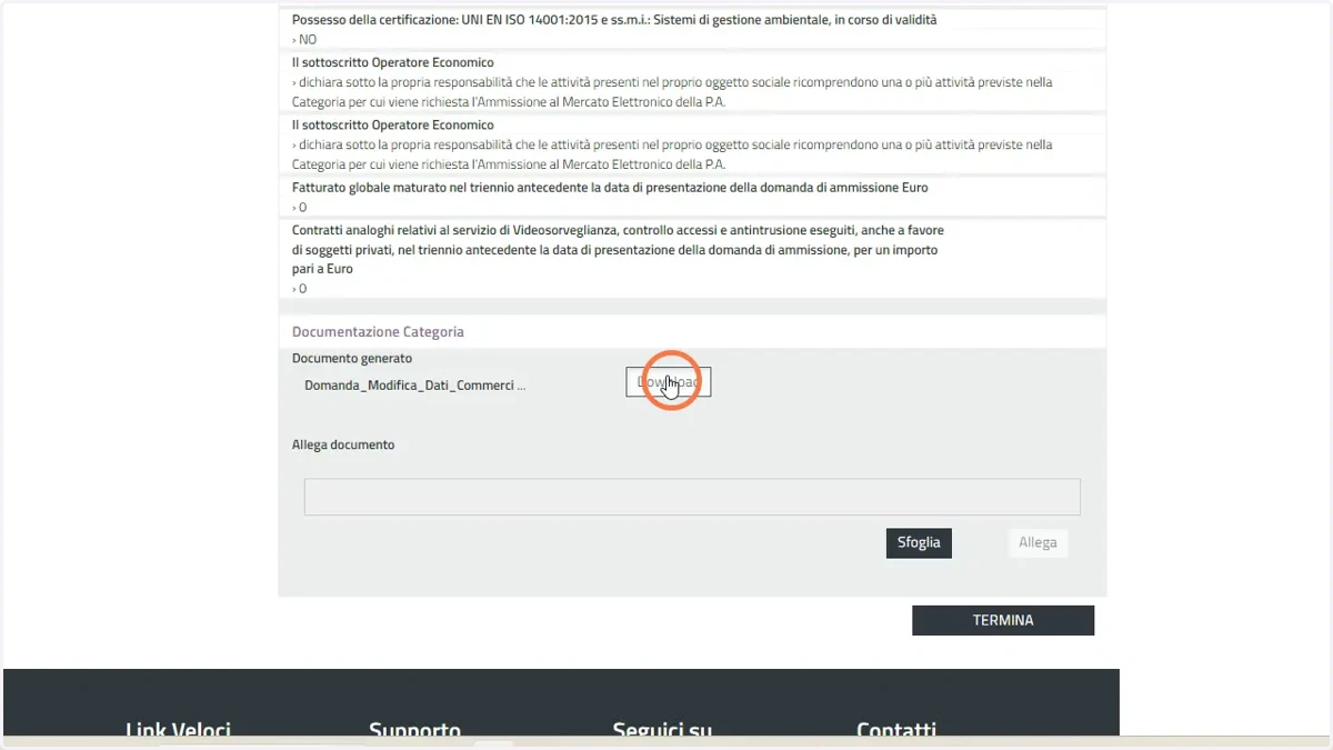 Scarica il documento creato dal sistema nella parte inferiore della pagina nella sezione "Documentazione categoria"